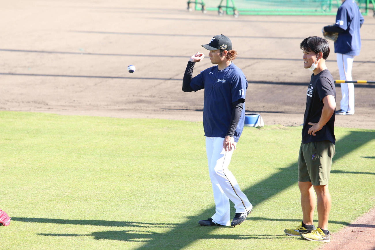 手首のスナップを効かせてボールを投げる日本ハム伊藤（撮影・田中彩友美）
