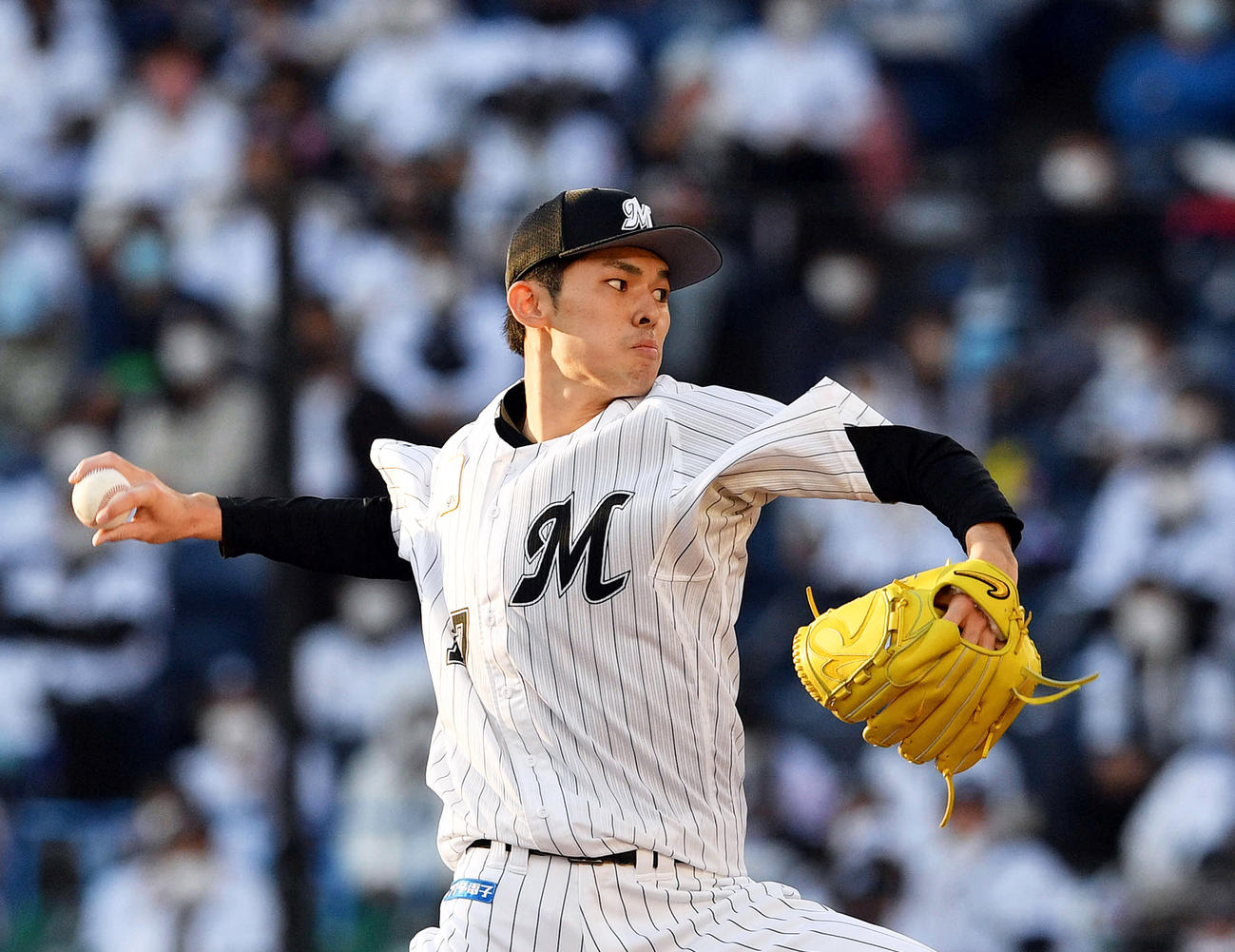 CSファーストステージ楽天戦で6回1失点の好投を見せたロッテ佐々木朗希（2021年11月6日撮影）