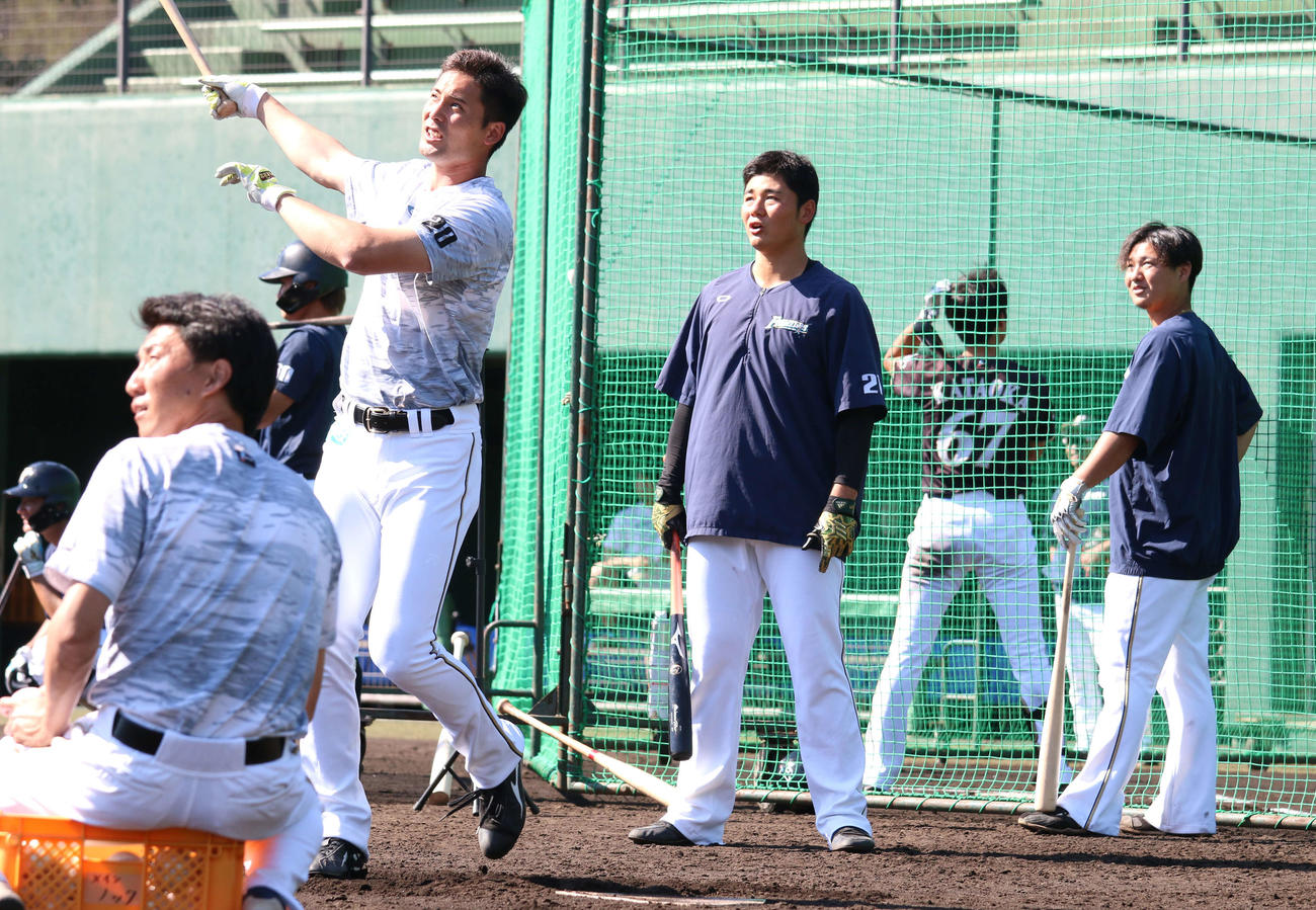 トス打撃する日本ハム上原。清宮（中央）佐藤（右）も熱視線（撮影・田中彩友美）