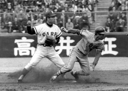 1969年3月、広島でプレーする古葉竹識さん（左）