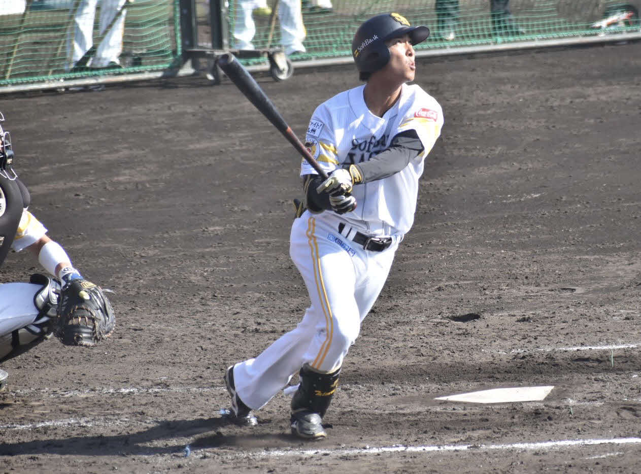 シート打撃で右越え本塁打を放つ柳町（撮影・只松憲）