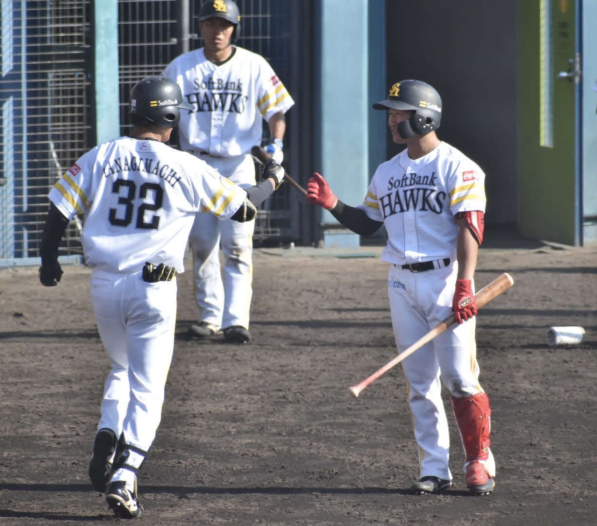 シート打撃で右越え本塁打を放った柳町は野村（右）とタッチを交わす（撮影・只松憲）