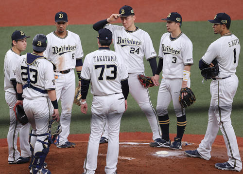 オリックス対ヤクルト　6回表ヤクルト1死一、二塁、ピンチを迎えマウンドに集まる宮城（左端）らオリックスナイン（撮影・前田充）