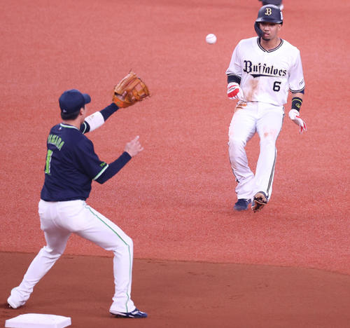 オリックス対ヤクルト　1回裏オリックス2死一塁、打者杉本の時に走者宗が飛び出しアウトとなる（撮影・清水貴仁）