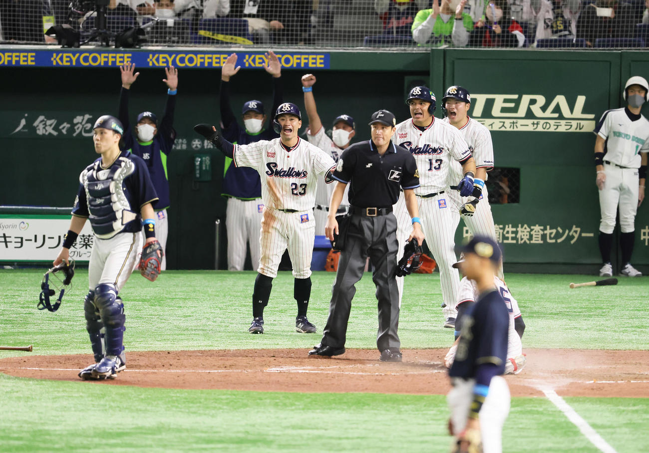 ヤクルト対オリックス　5回裏ヤクルト2死満塁、中村の中前適時打と相手守備の乱れで3者が生還し、大喜びする青木（中央左）ら（撮影・足立雅史）