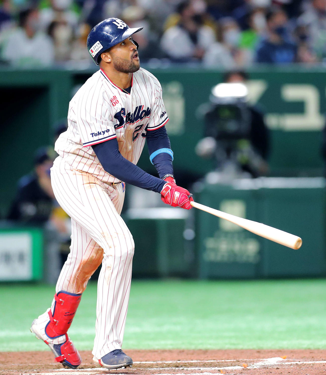 ヤクルト対オリックス　7回裏ヤクルト2死一塁、右中間に逆転2点本塁打を放つサンタナ（撮影・河田真司）