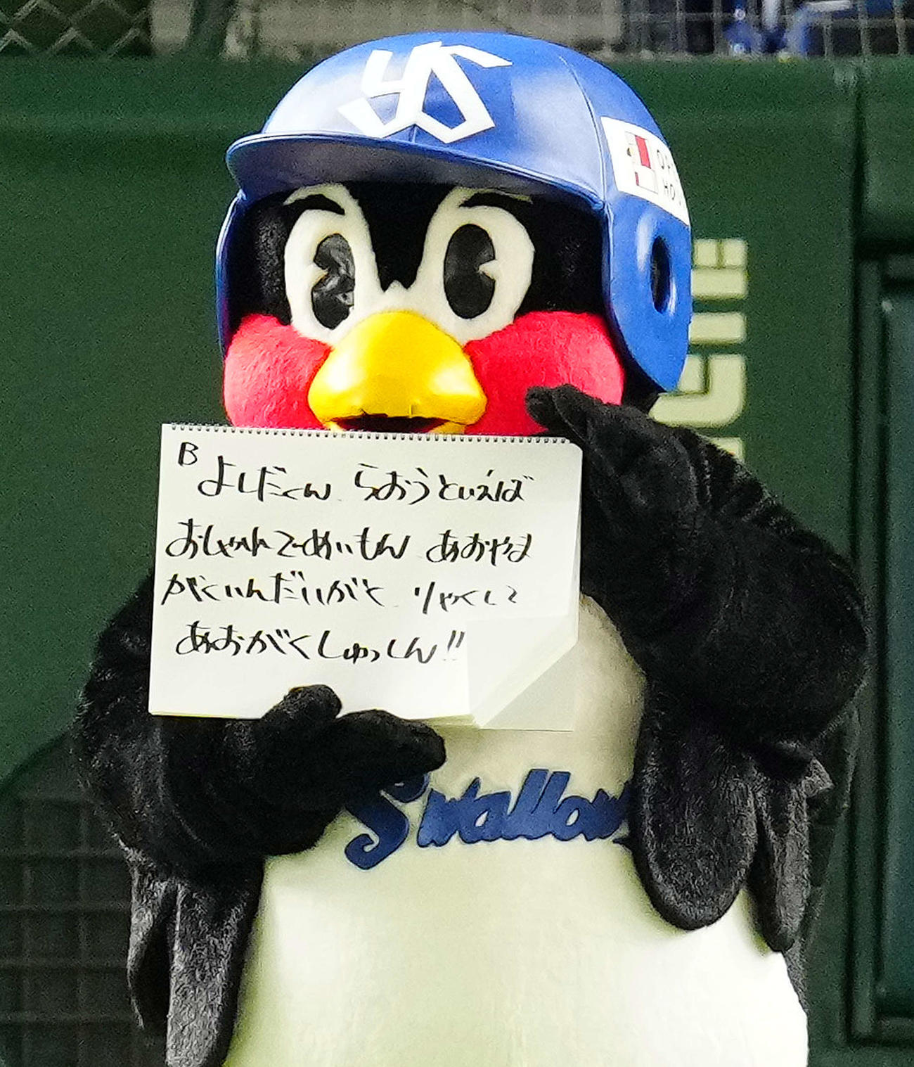 ヤクルト対オリックス　試合前、フリップ芸を披露する、つば九郎（撮影・江口和貴）