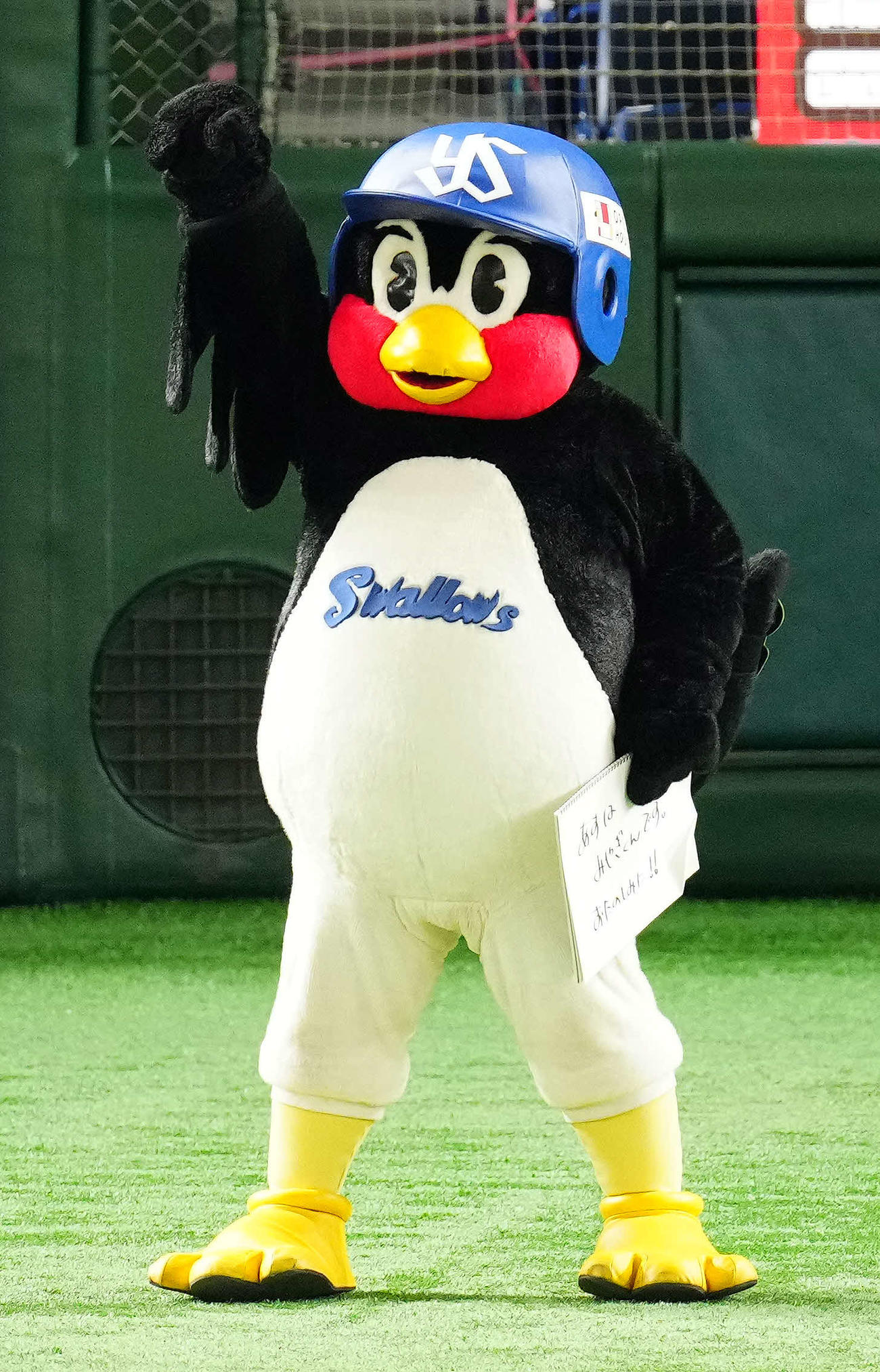 ヤクルト対オリックス　試合前、フリップ芸を披露し昇天ポーズを見せる、つば九郎（撮影・江口和貴）