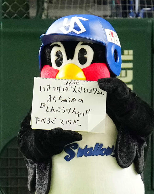 ヤクルト対オリックス　試合前、フリップ芸を披露する、つば九郎（撮影・江口和貴）