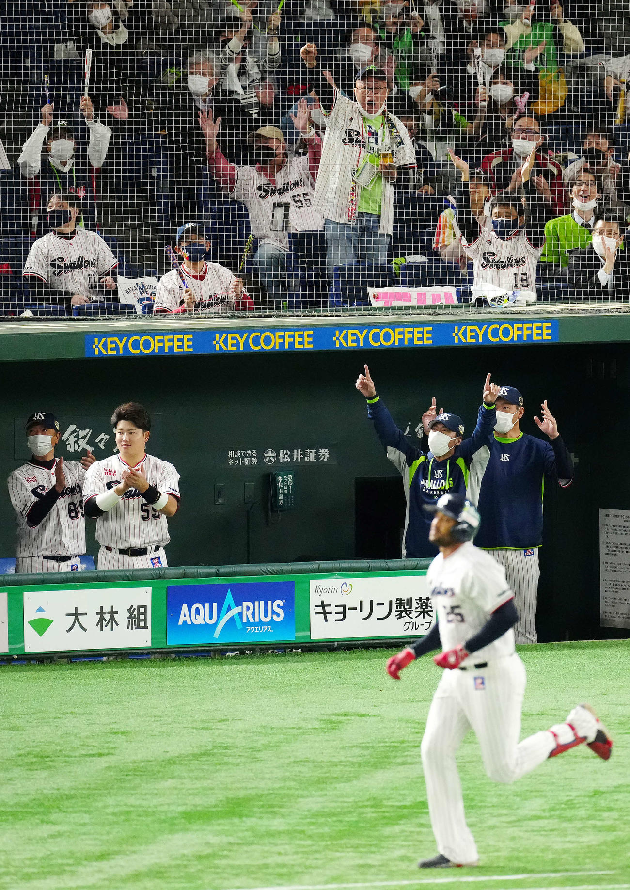 ヤクルト対オリックス　2回裏ヤクルト無死、サンタナ（手前）が先制ソロ本塁打を放ち、ベンチで指を突き上げる高津監督（右から2人目）（撮影・江口和貴）