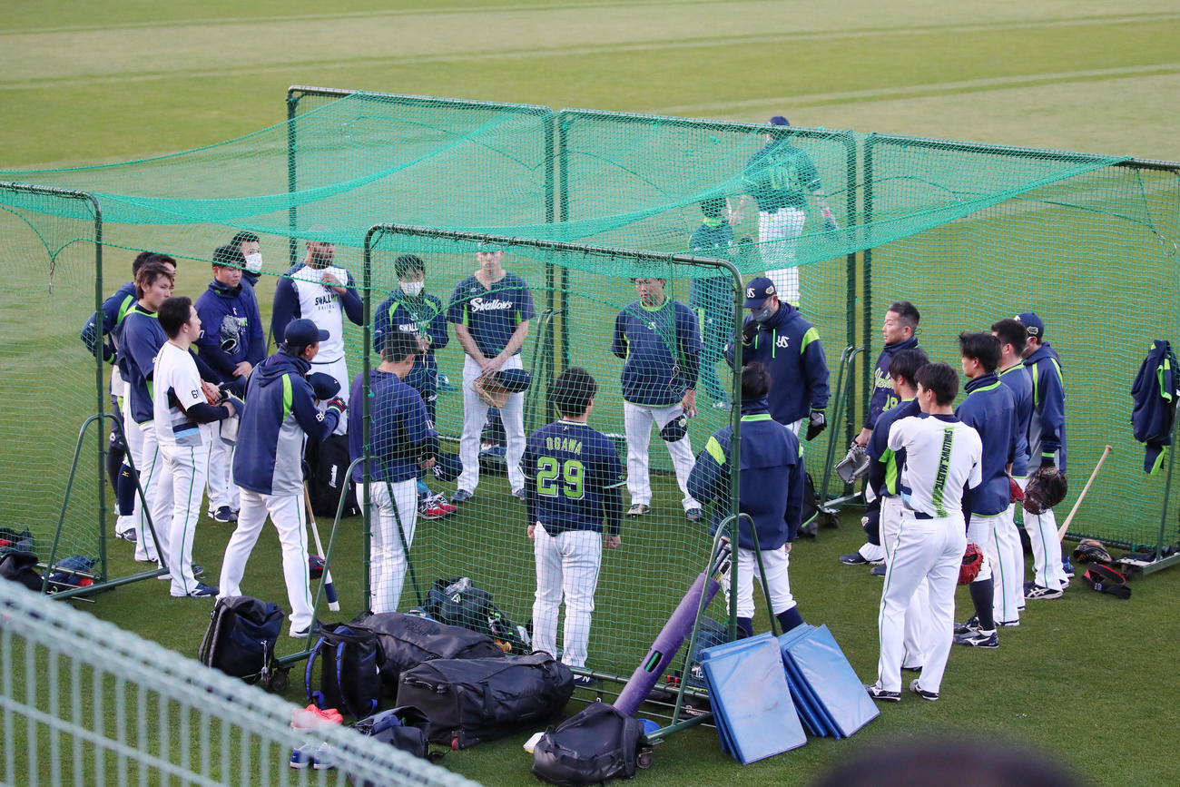 オリックス対ヤクルト　練習前にミーティングを行うヤクルト投手陣（撮影・加藤哉）