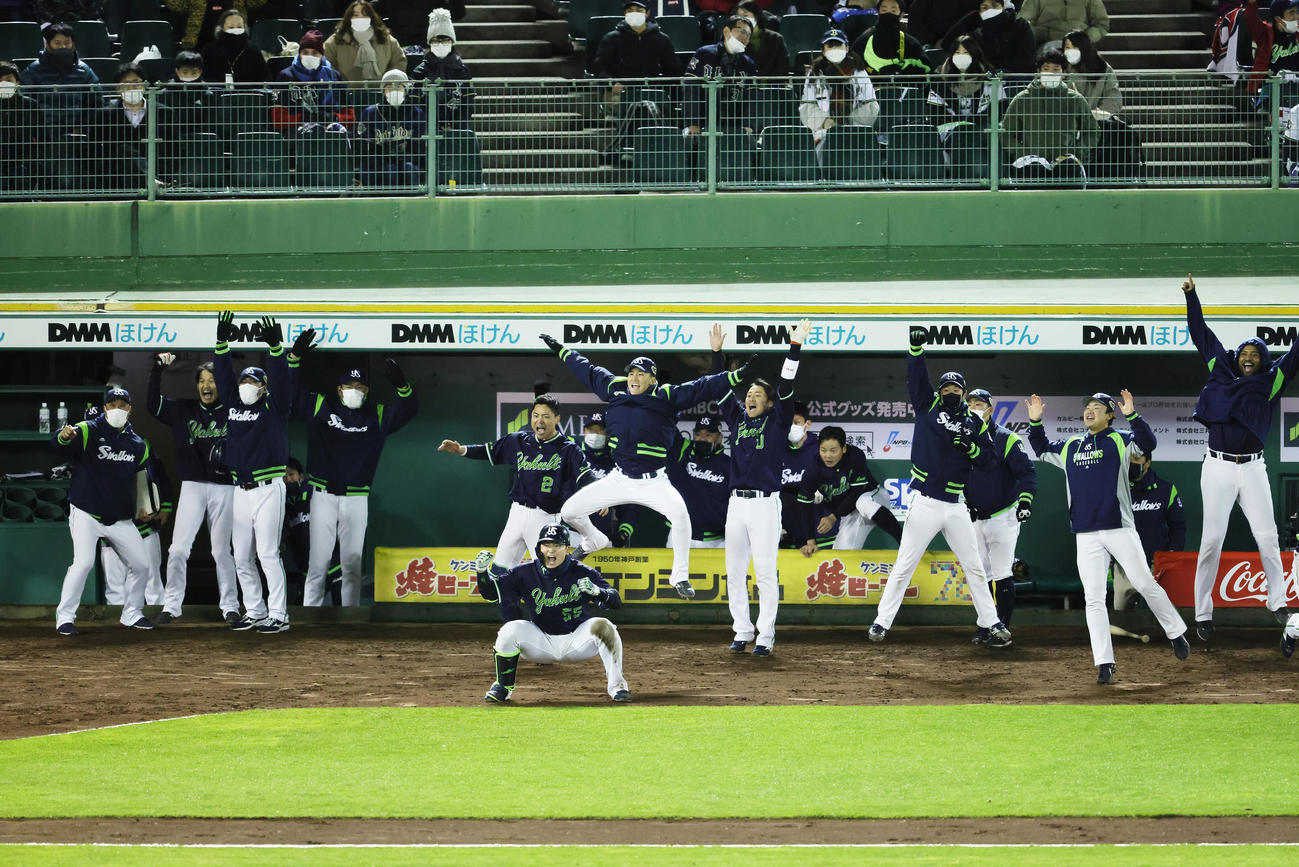 オリックス対ヤクルト　12回表ヤクルト2死二塁、代打川端が左前適時打を放ち大喜びする村上（中央）ら（撮影・足立雅史）