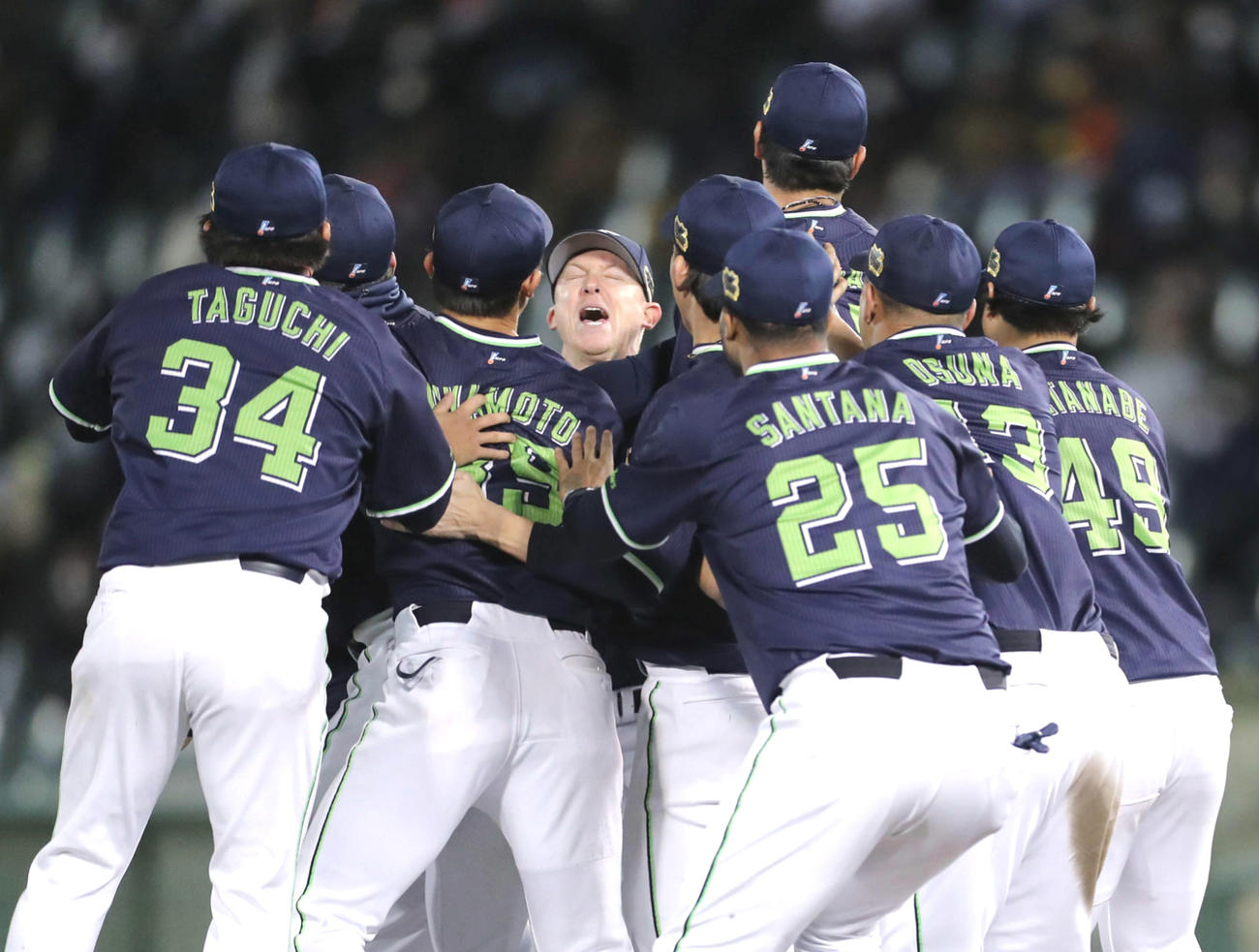 日本シリーズ優勝を決め、マウンドで歓喜するマクガフ（中央奥）らヤクルトナイン（撮影・河田真司）