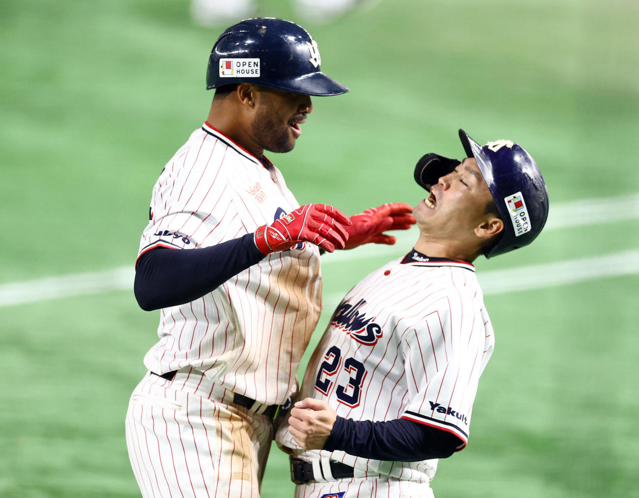 7回裏ヤクルト2死一塁、2点本塁打を放ったサンタナ（左）と盛り上がる青木（2021年11月23日撮影）