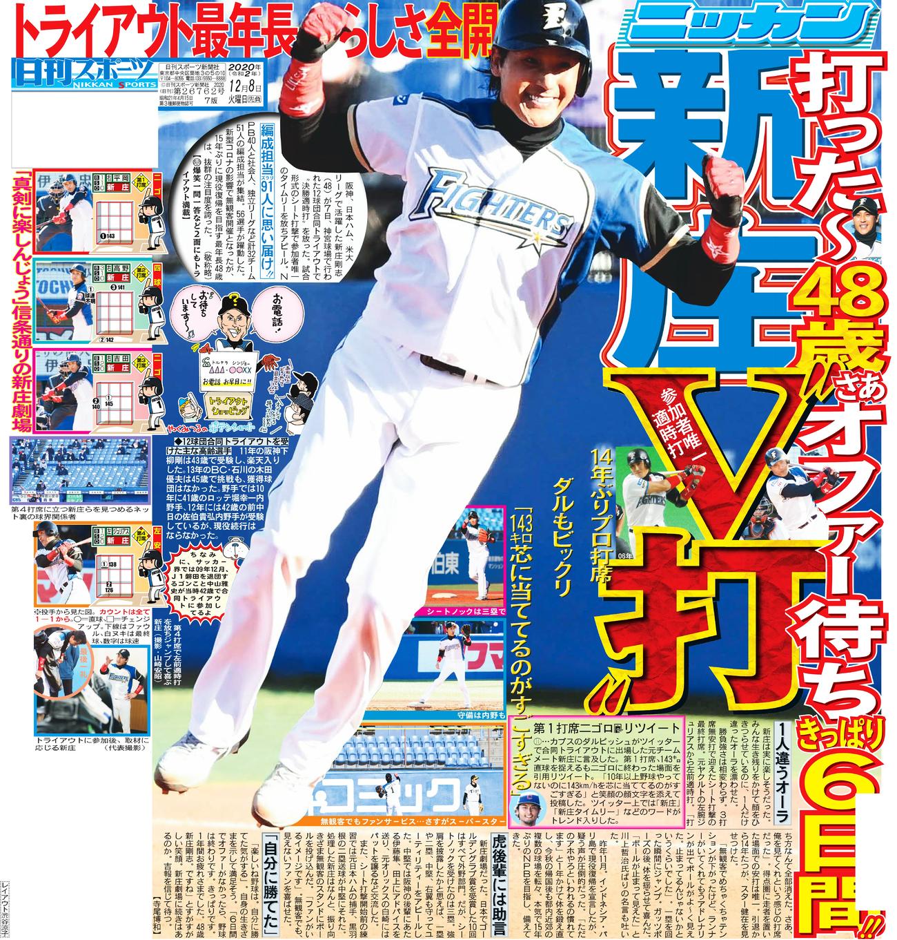 新庄剛志トライアウトでV打（2020年12月8日付日刊スポーツ東京1面）