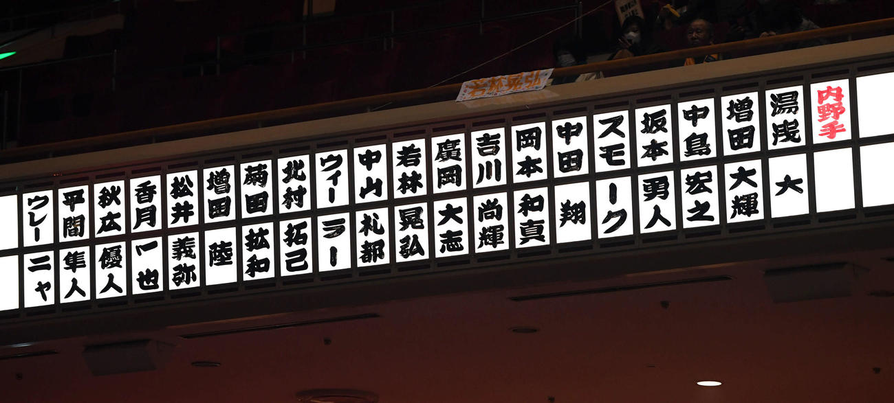 巨人のシーズン感謝祭が国技館で行われ、巨人の選手名が「相撲文字」で表示（撮影・たえ見朱実）