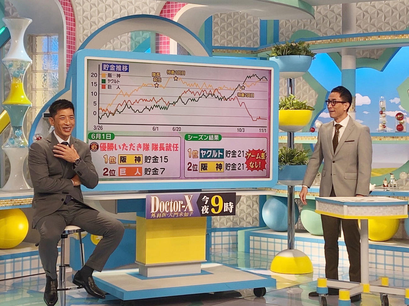 「おはよう朝日です」に出演する矢野監督。右は岩本アナウンサー（球団提供）