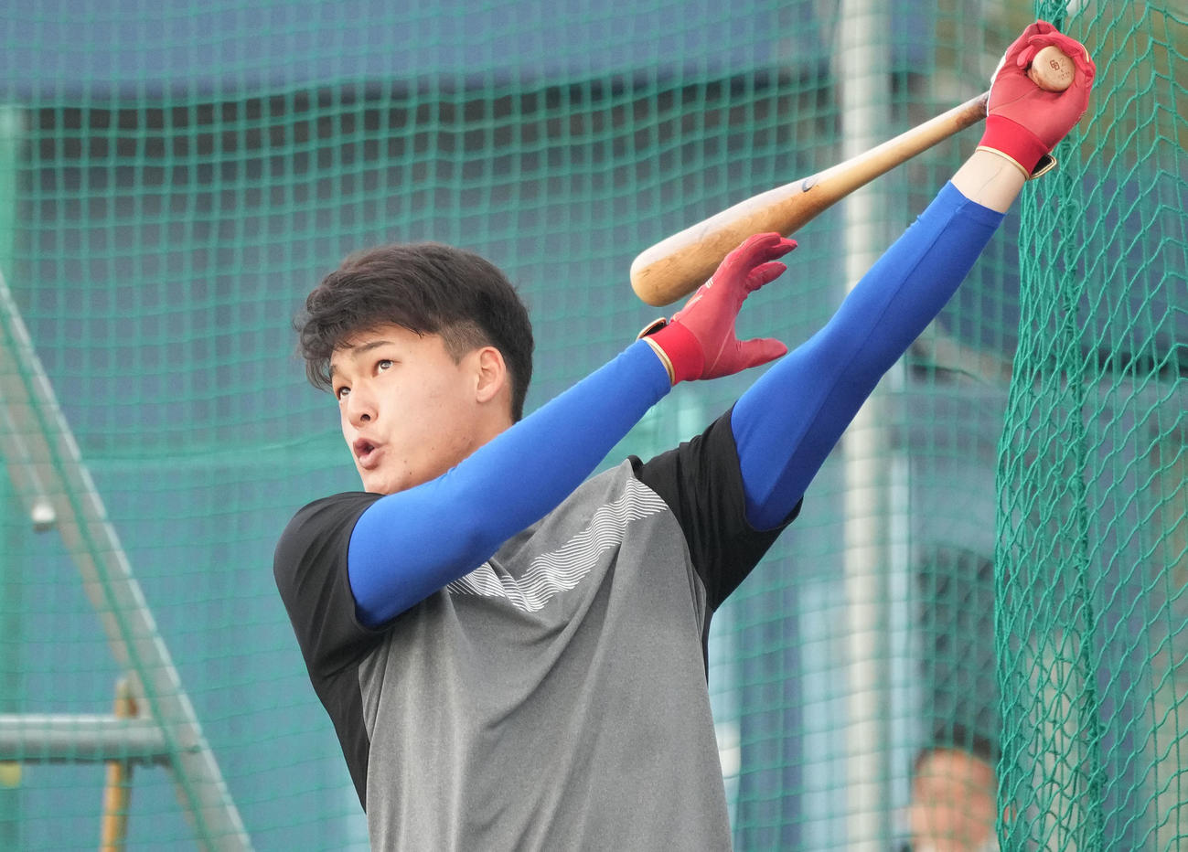自主トレを公開しロングティー打撃練習をする石川昂（撮影・森本幸一）