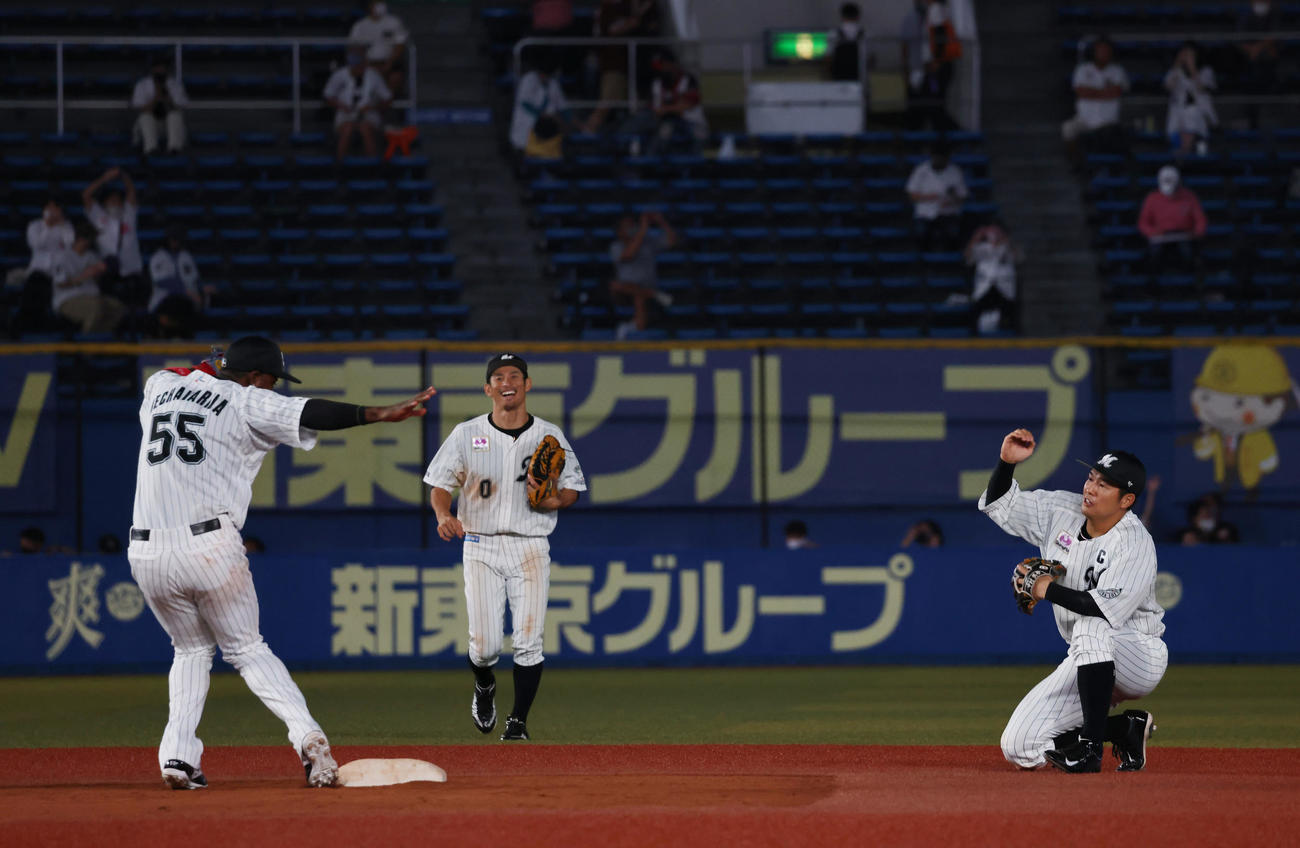 ロッテ中村奨（右）はカメラマンに扮（ふん）し踊るエチェバリア（左）を撮影する（2021年9月12日撮影）