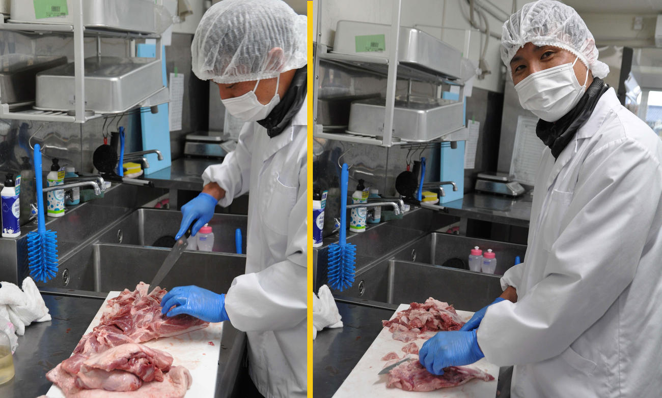 豚肉を加工する江川智晃さん