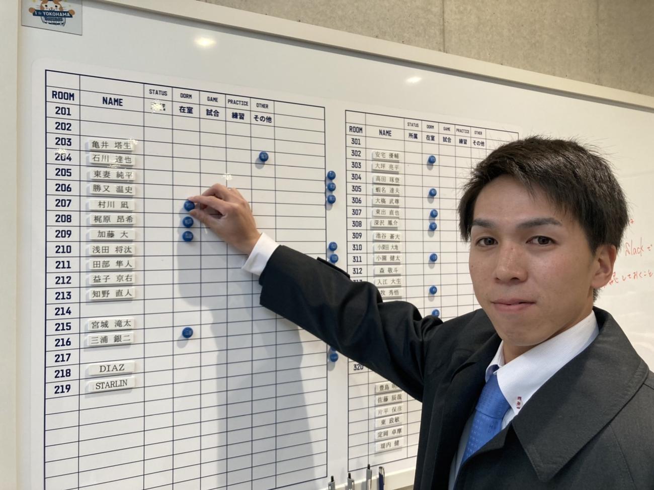 青星寮に入寮し、自身の名前の横にマグネットをつけるDeNA育成ドラフト1位の村川（球団提供）