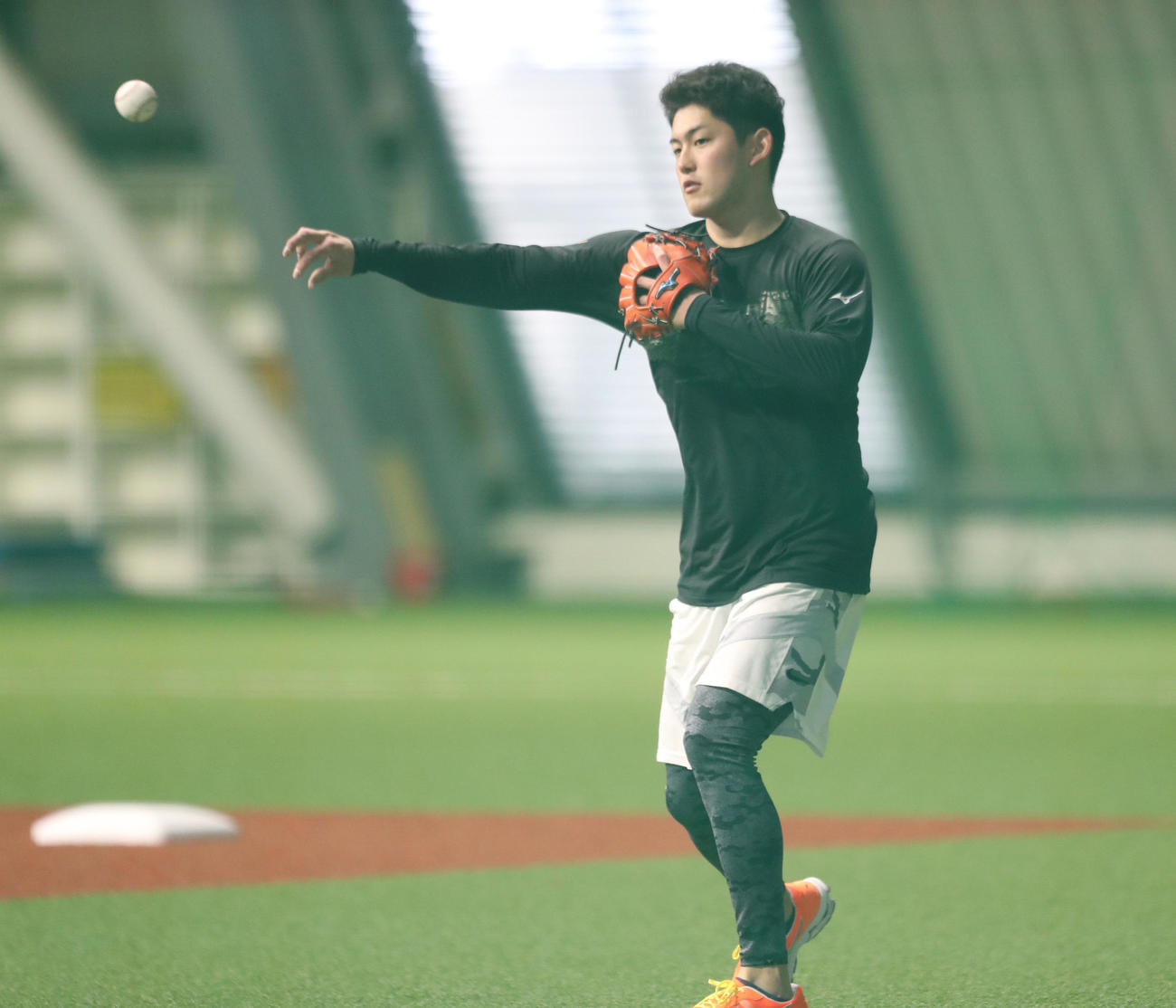 新人合同練習を控え、軽めに体を動かす風間球打（撮影・梅根麻紀）