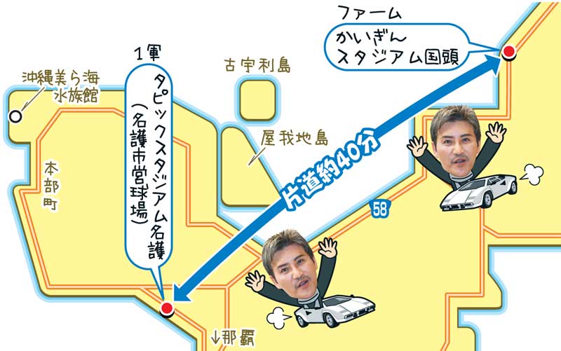 新庄監督のキャンプ初日は国頭の2軍から。1軍の名護から車で約40分の距離だ