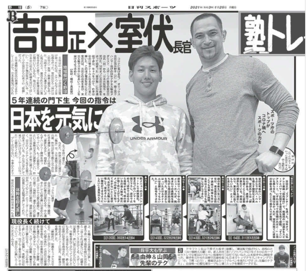 21年1月25日付本紙紙面に掲載され、室伏広治スポーツ庁長官の長官室に飾られている吉田正との紙面