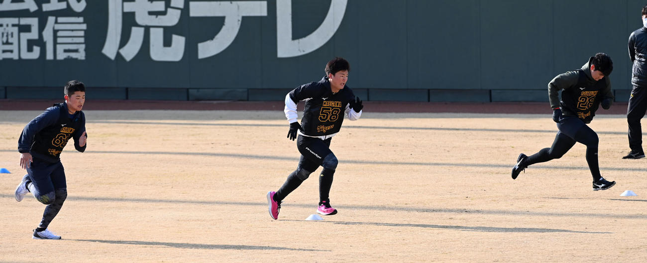 外野を走る（左から）中川勇斗、前川右京、鈴木勇斗（撮影・前岡正明）