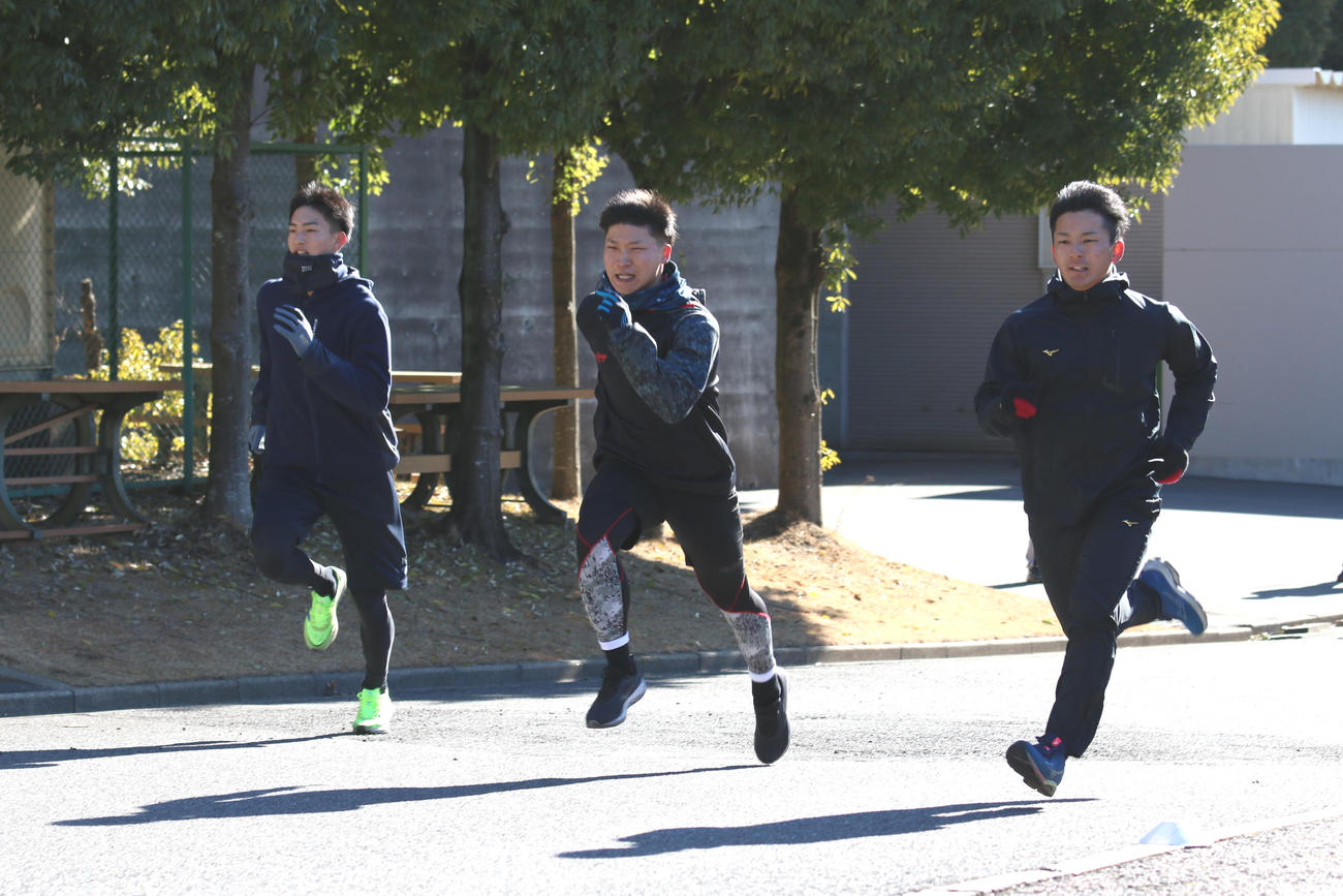 坂道ダッシュをする（左から）日本ハム達、長谷川威、水野（撮影・田中彩友美）