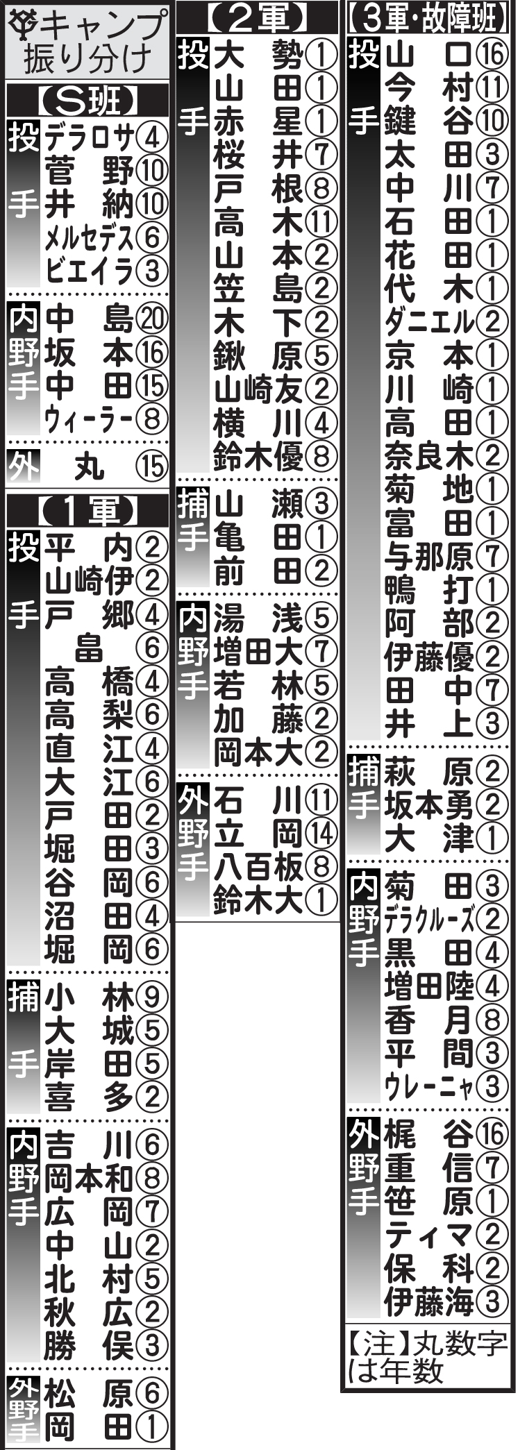 巨人キャンプ振り分け
