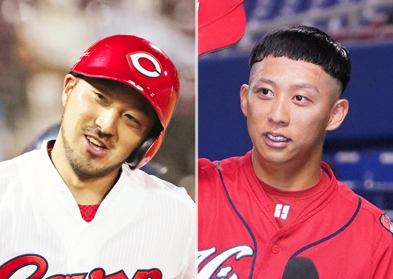 広島菊池涼介（左）と羽月隆太郎