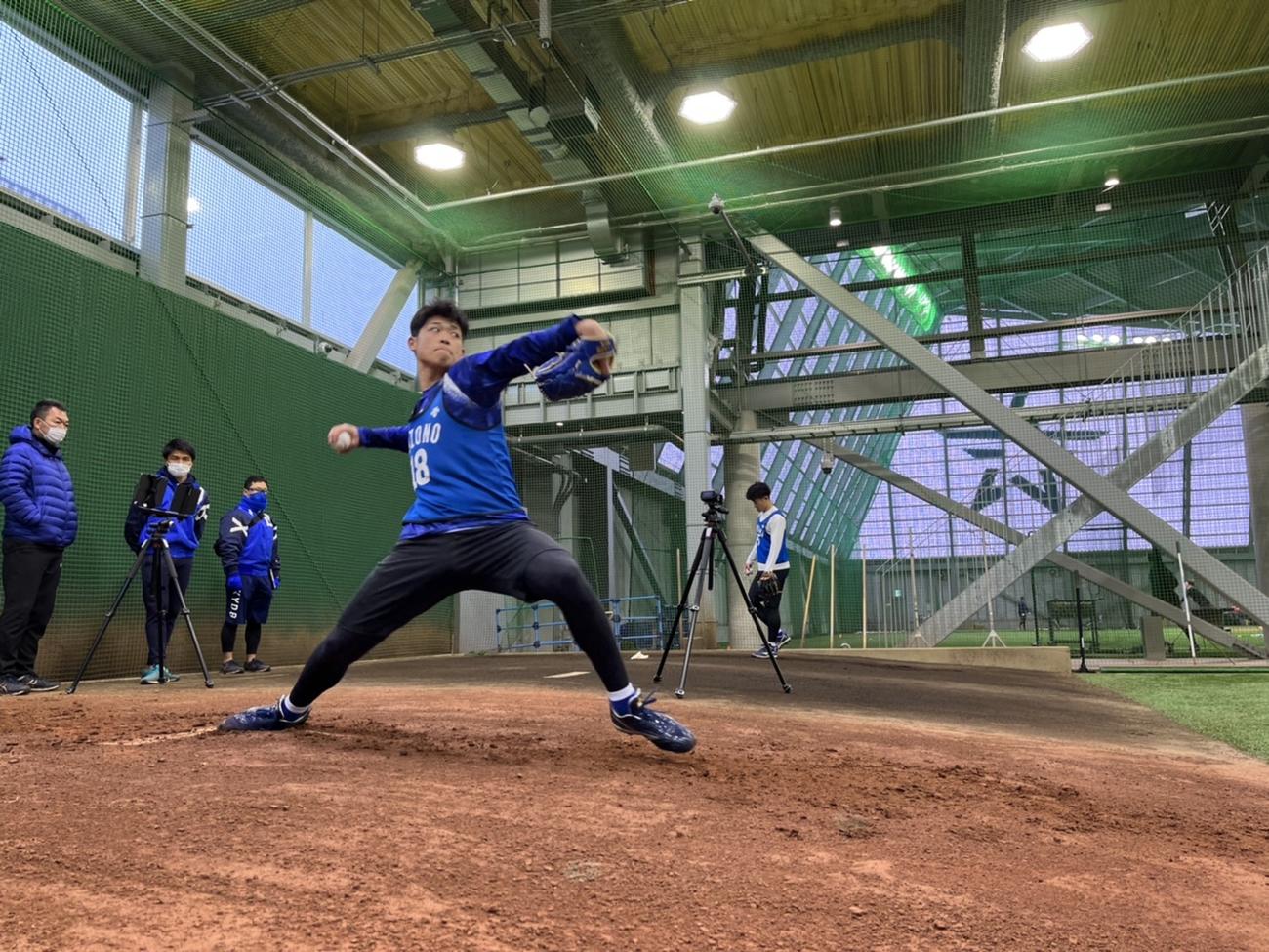 新人合同自主トレで初めて座った捕手を相手にブルペン投球したDeNA小園（球団提供）
