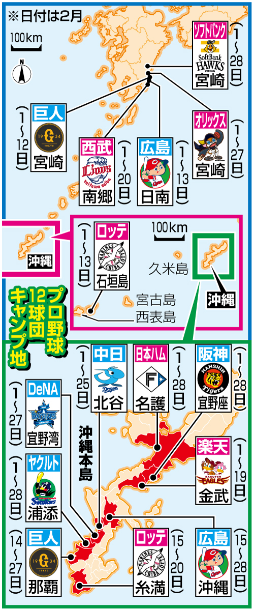 プロ野球12球団キャンプ地