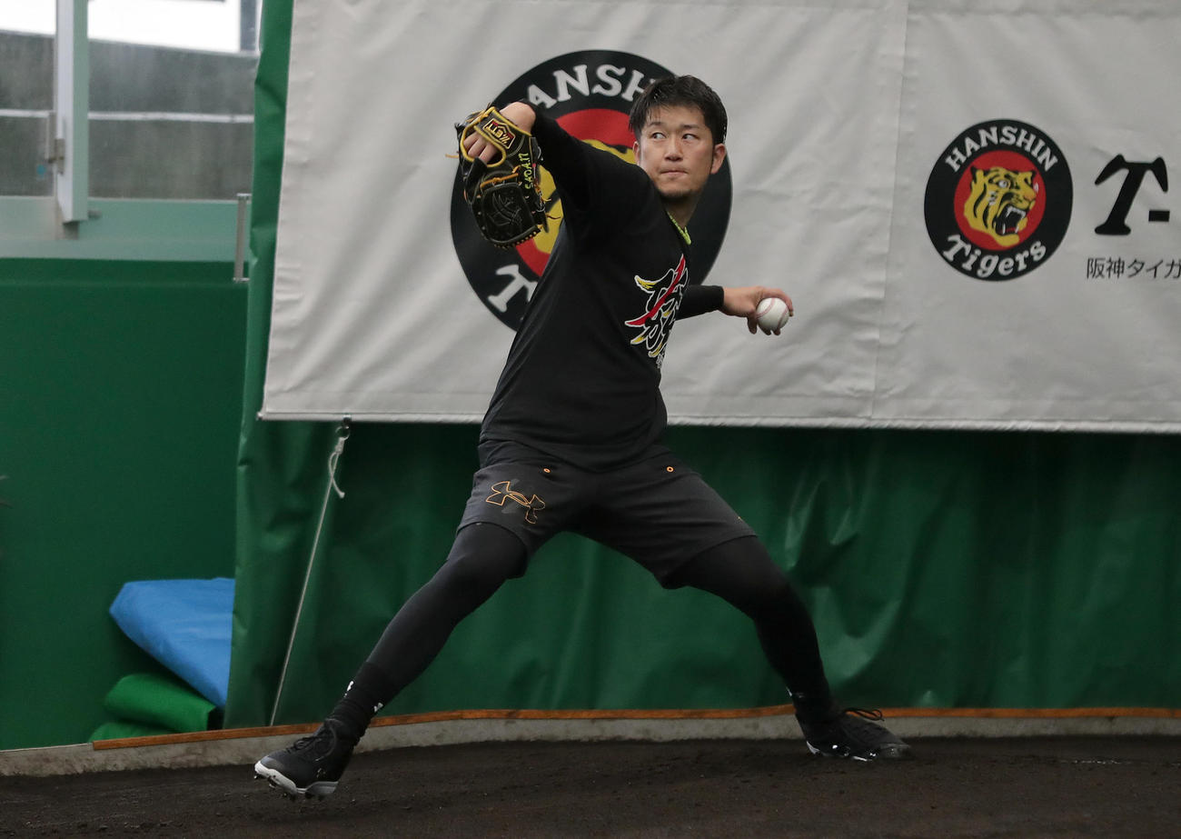 一番乗りでブルペンに入り、投球練習する阪神岩貞（撮影・前田充）