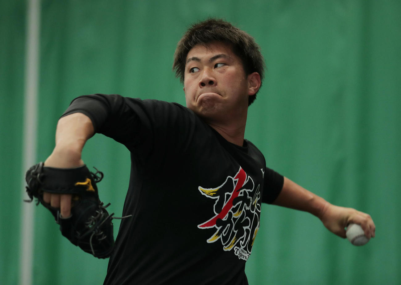 ブルペンで投球練習する阪神桐敷（撮影・前田充）