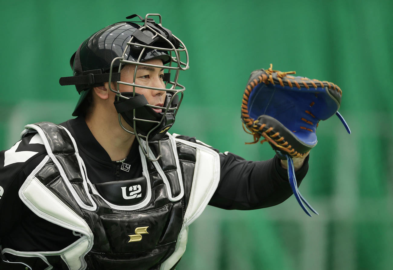 ブルペンで阪神藤浪晋太郎の投球を受ける梅野隆太郎（撮影・前田充）