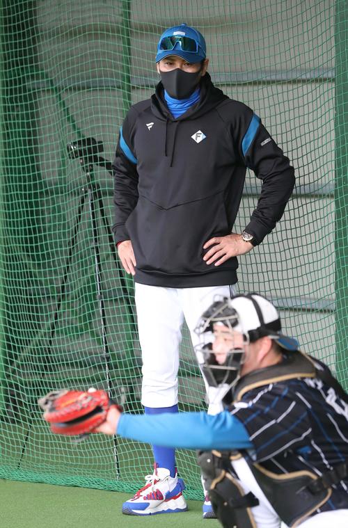 ブルペンを視察する日本ハム新庄監督（撮影・黒川智章）