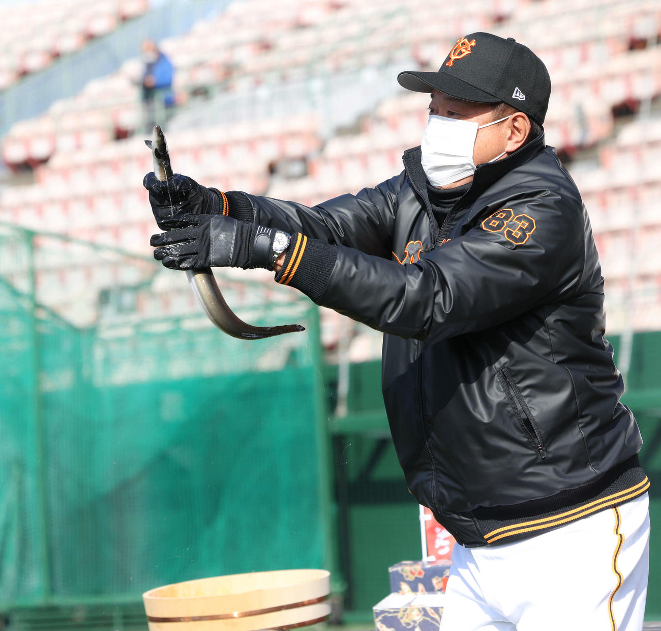 キャンプ初日、地元特産物の贈呈式で原監督は活きのいいニュルニュルのウナギと格闘！（撮影・河田真司）