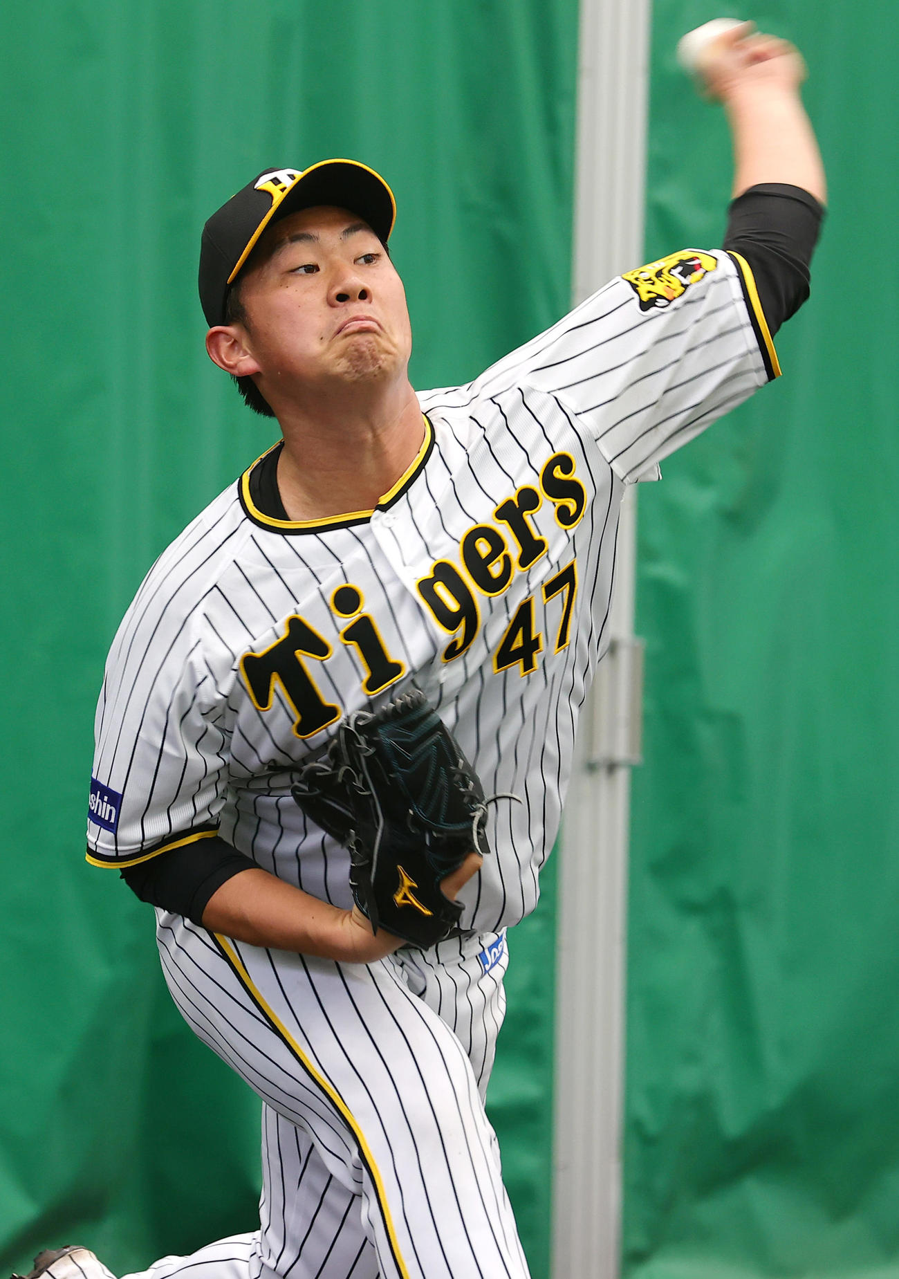 ブルペンで投球する桐敷（撮影・上山淳一）