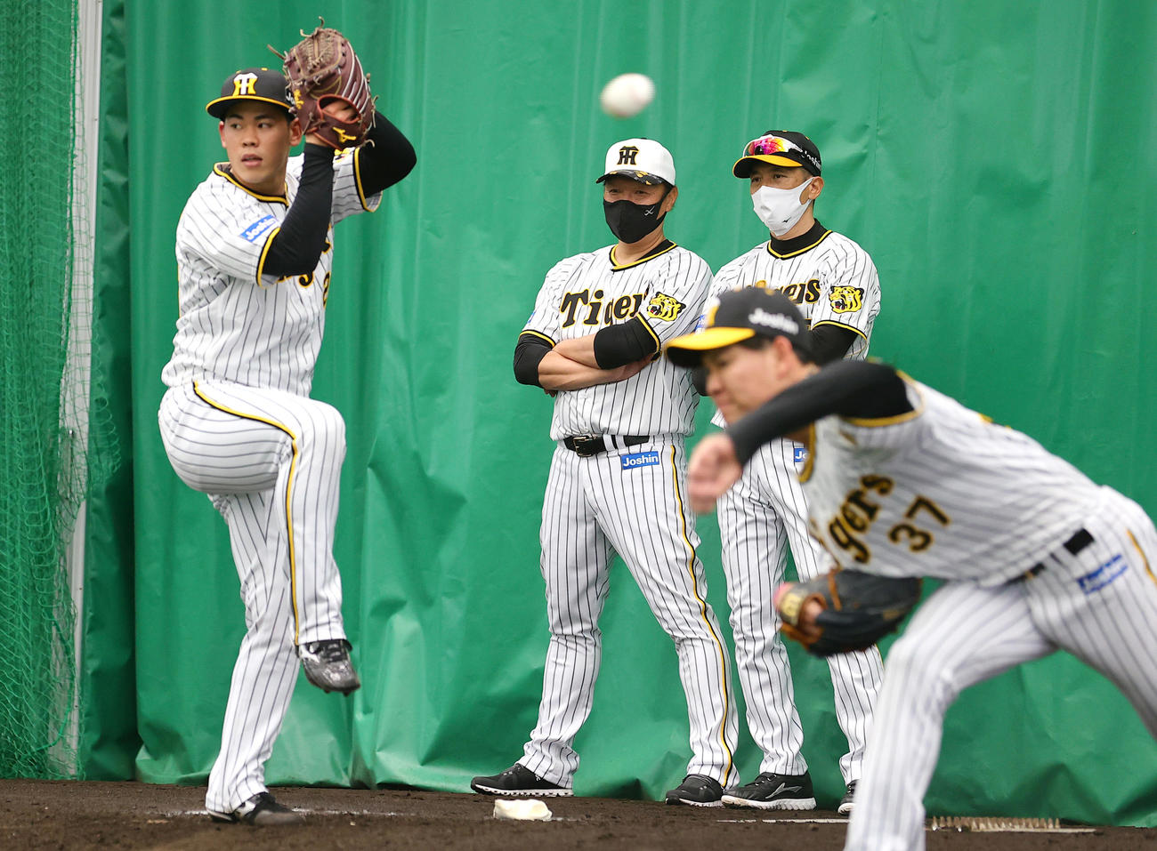 ブルペンで投げこむ鈴木（左）を見る矢野監督（右）と福原投手コーチ。手前右は及川（撮影・上山淳一）