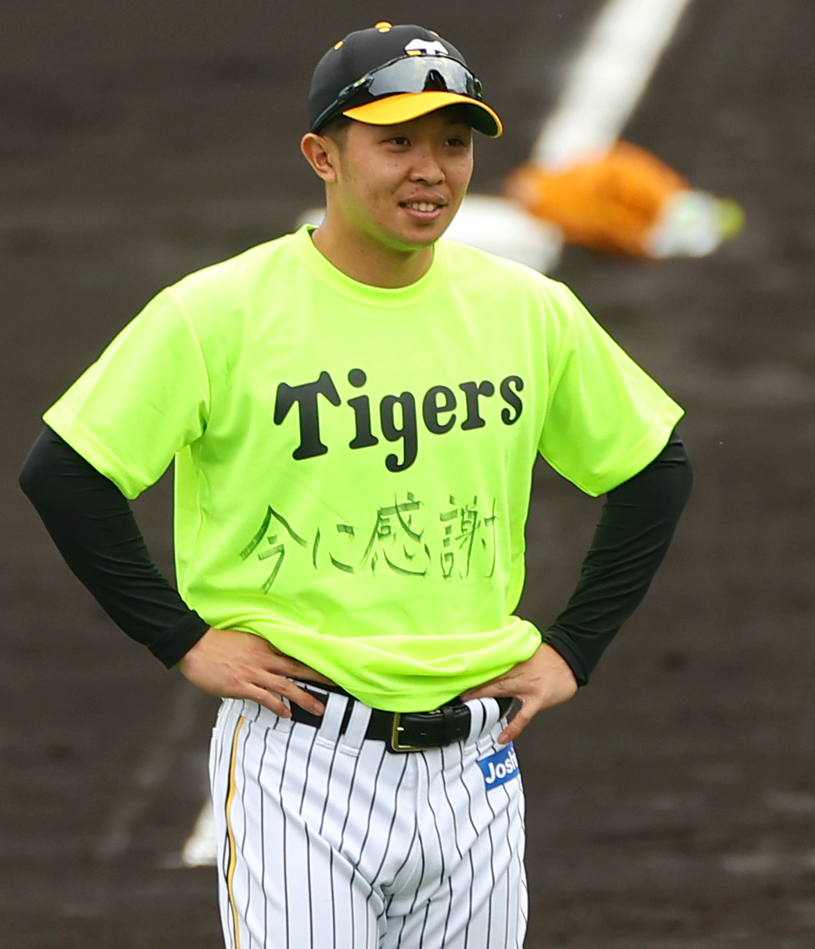 Tシャツにメッセージを込めた一日キャプテンの島田（撮影・上山淳一）