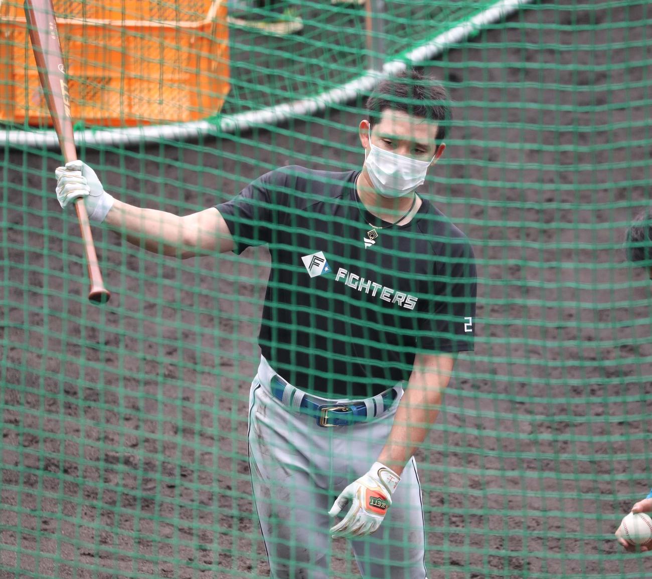 ティー打撃する日本ハム杉谷（撮影・黒川智章）