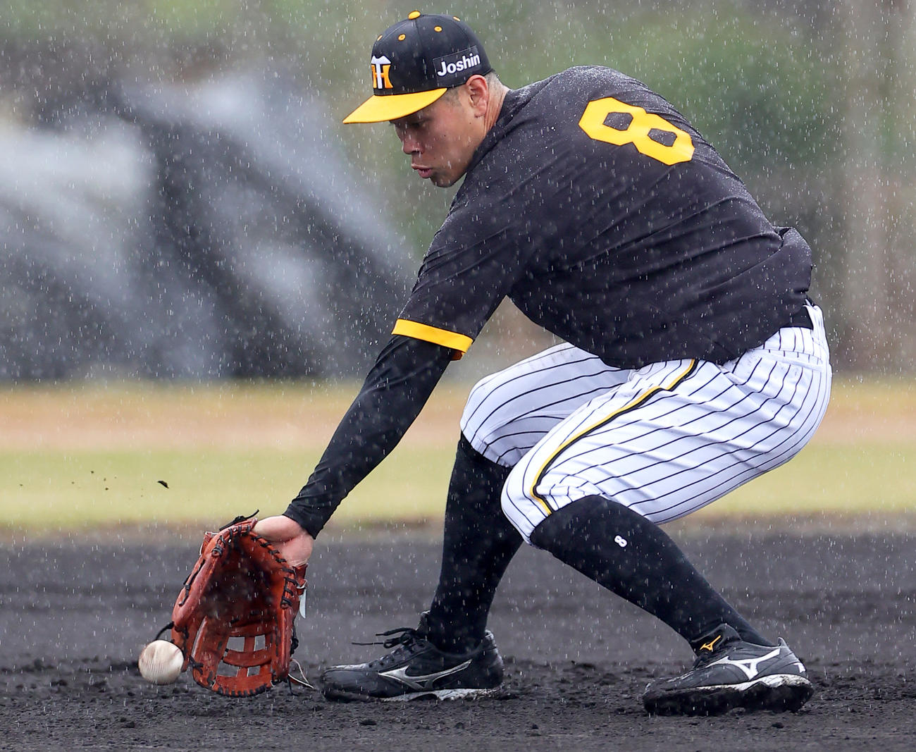 雨の中、ノックを受ける佐藤輝（撮影・上山淳一）