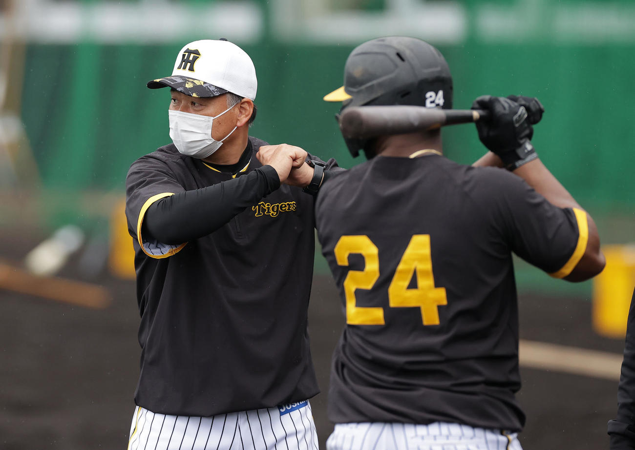 阪神ロハス（手前）を指導する藤井康コーチ（撮影・前田充）