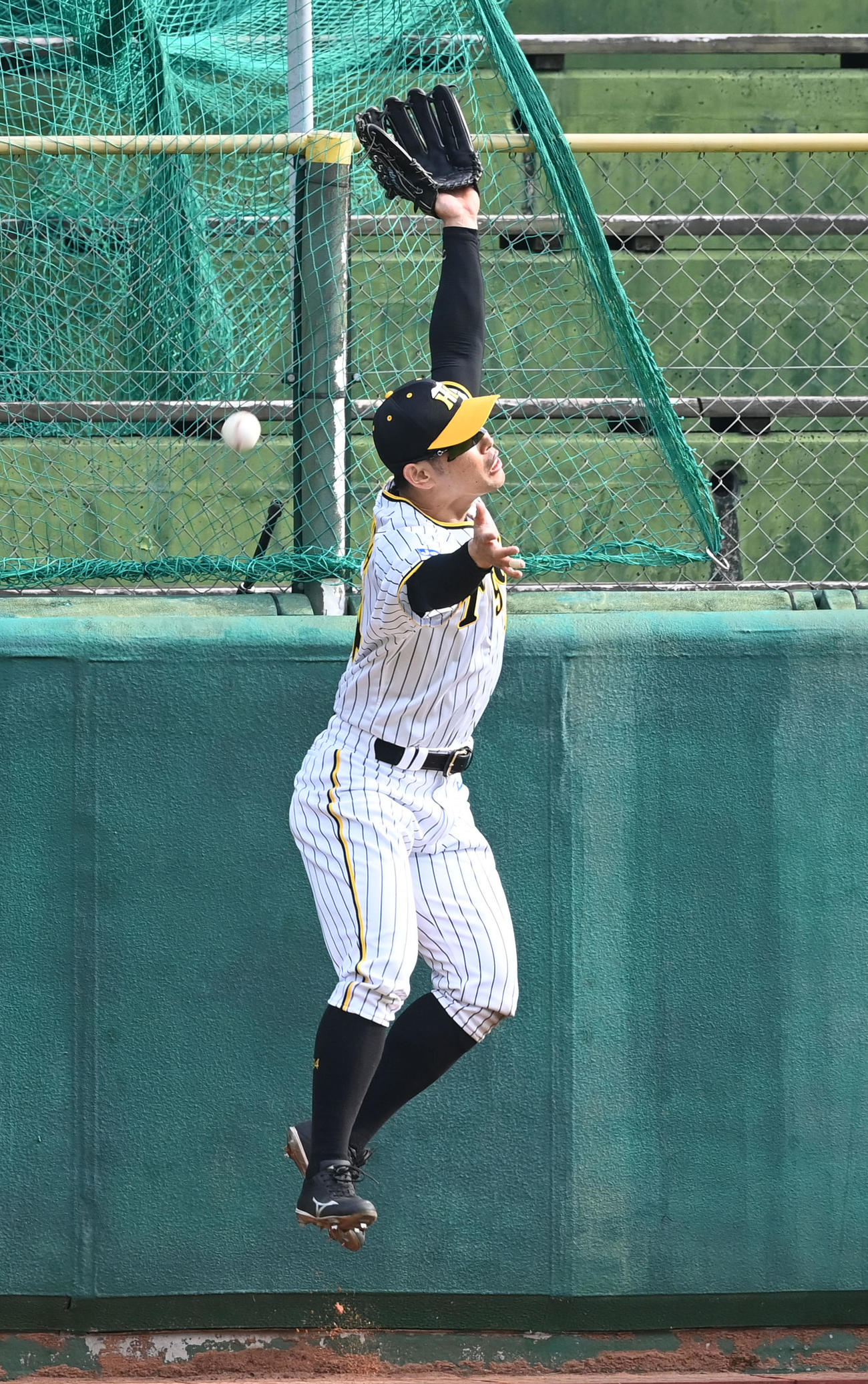 外野で打撃練習の打球を追いかける原口（撮影・前岡正明）