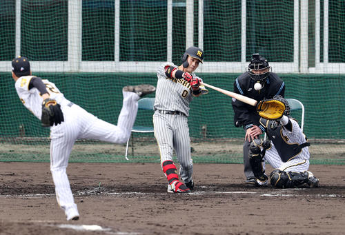 5回裏紅組2死二塁、木浪は中越え適時三塁打を放つ。投手は小野（撮影・加藤哉）