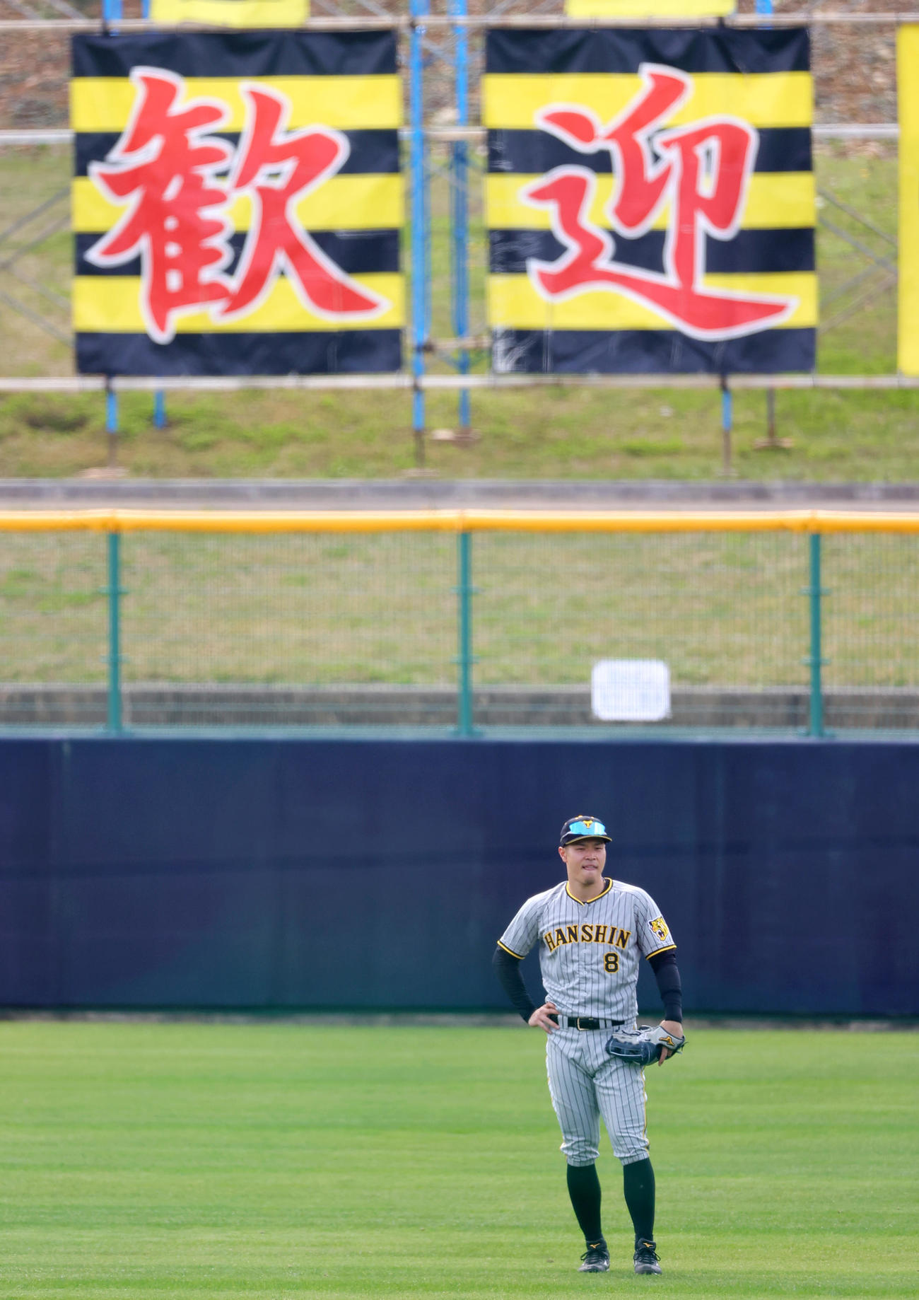 阪神紅白戦　右翼手を守る佐藤輝（撮影・上山淳一）