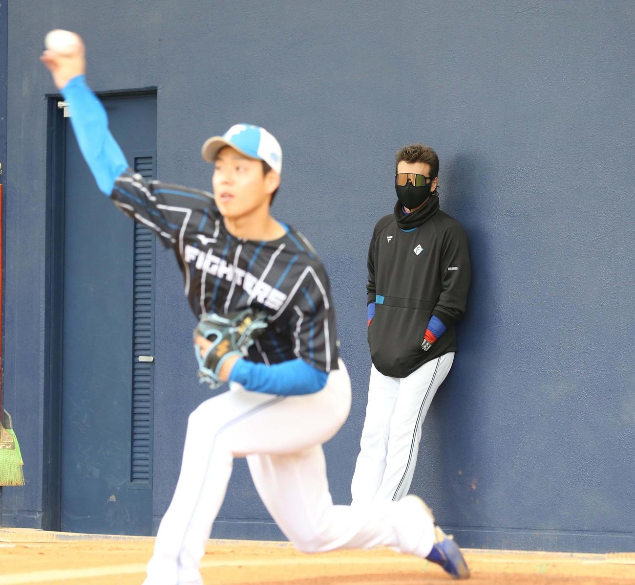 杉浦の投球を見つめる日本ハム新庄監督（撮影・黒川智章）