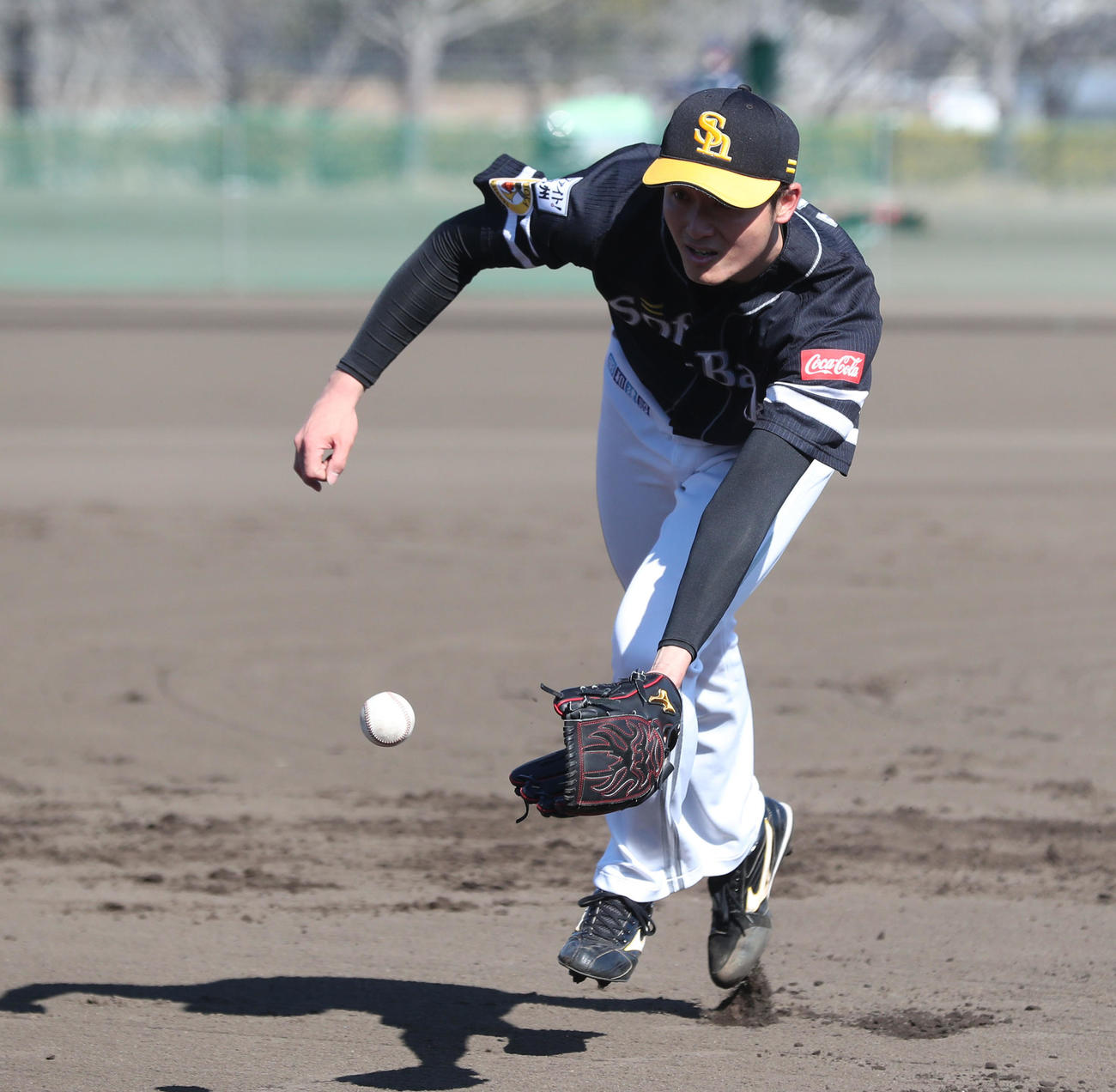 守備ノックで軽快な動きを見せる高橋純平（撮影・梅根麻紀）